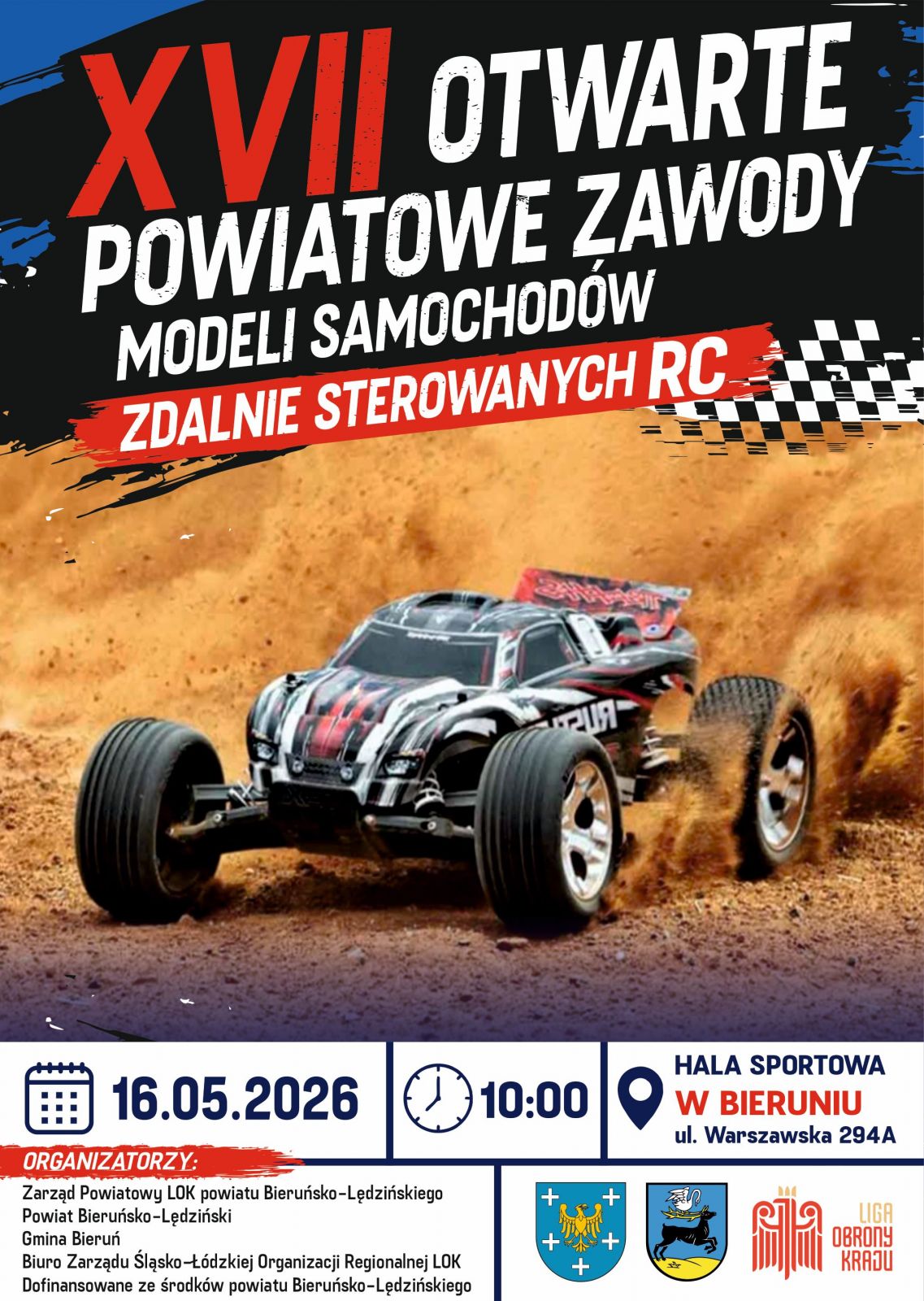 Plakat informacyjny dotyczący Powiatowych Zawodów Modeli Samochodów Zdalnie Sterowanych